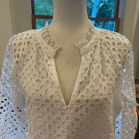 J.CREW  EYELET TIERED
EMBROIDERED POPOVER DRESS -
WHITE - Size Medium - Picture 4 of 9